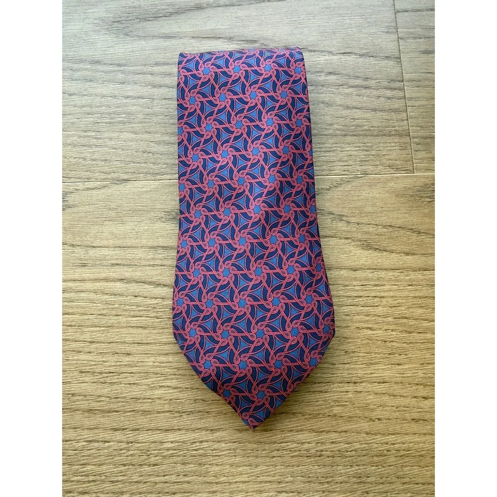 Hermes 7456 HA Silk Tie Blue Red Geometric Rope Link Pattern Made in France Mens